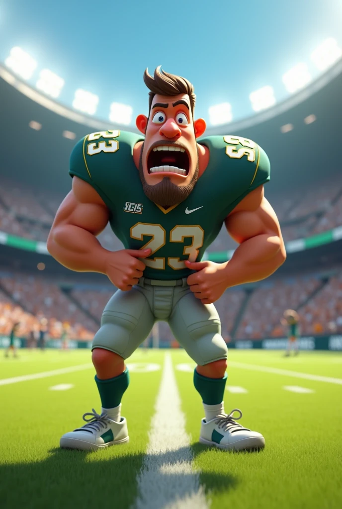 An accident involving a male cartoon character football player peeing his pants