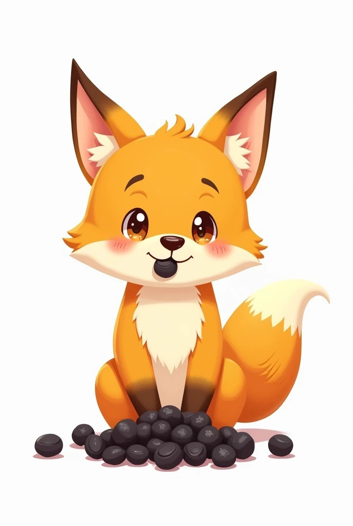 A playful and slightly cartoonish image of a Zorrito (a small, fox-like animal) sitting beside a stash of black peanut kernels. The Zorrito is eating one of the kernels, with a content and satisfied expression on its face. The setting is natural with white background, but the focus is on the Zorrito and the small kernels of black peanuts. The overall tone of the image should be light-hearted and friendly, with bright, inviting colors.