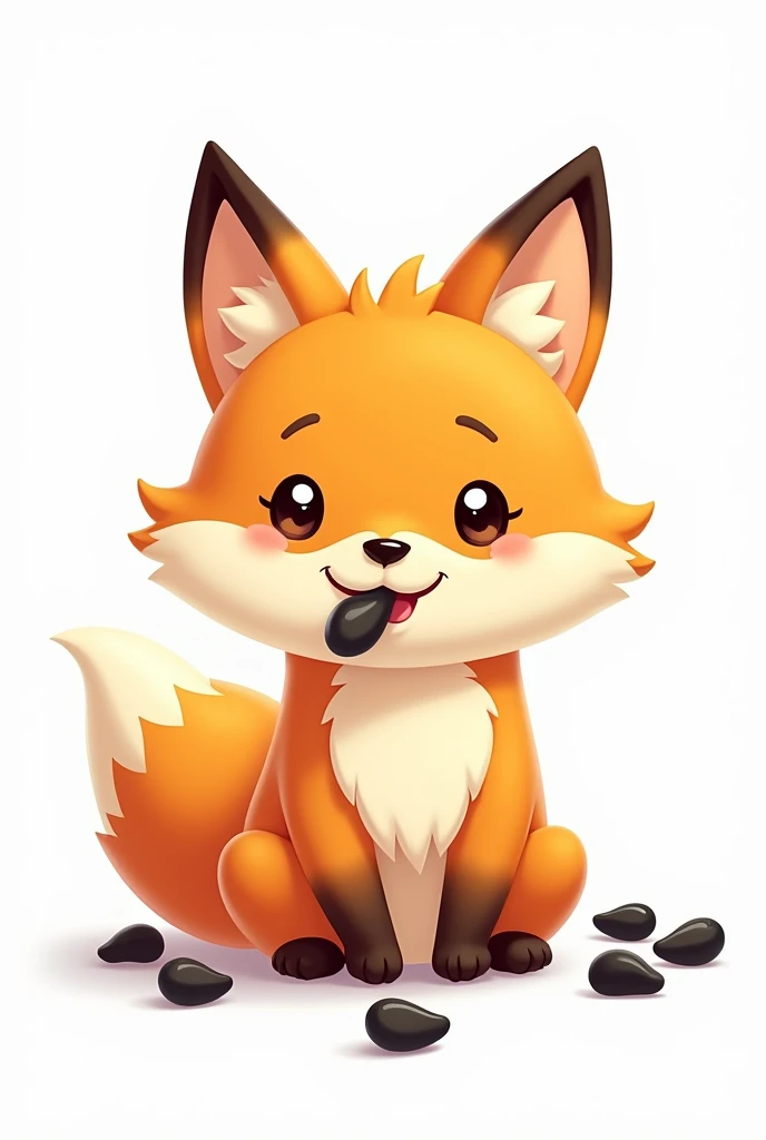 A playful and slightly cartoonish image of a Zorrito (a small, fox-like animal) sitting beside a stash of black peanut kernels. The Zorrito is eating one of the kernels, with a content and satisfied expression on its face. The setting is natural with white background, but the focus is on the Zorrito and the small kernels of black peanuts. The overall tone of the image should be light-hearted and friendly, with bright, inviting colors.