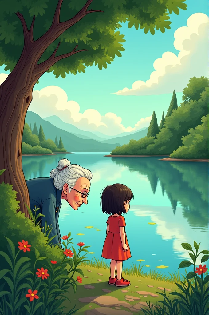 make it cartoon. An old lady hiding in the bush looking at a girl on a lake, the old lady saw the mark on the girl's back