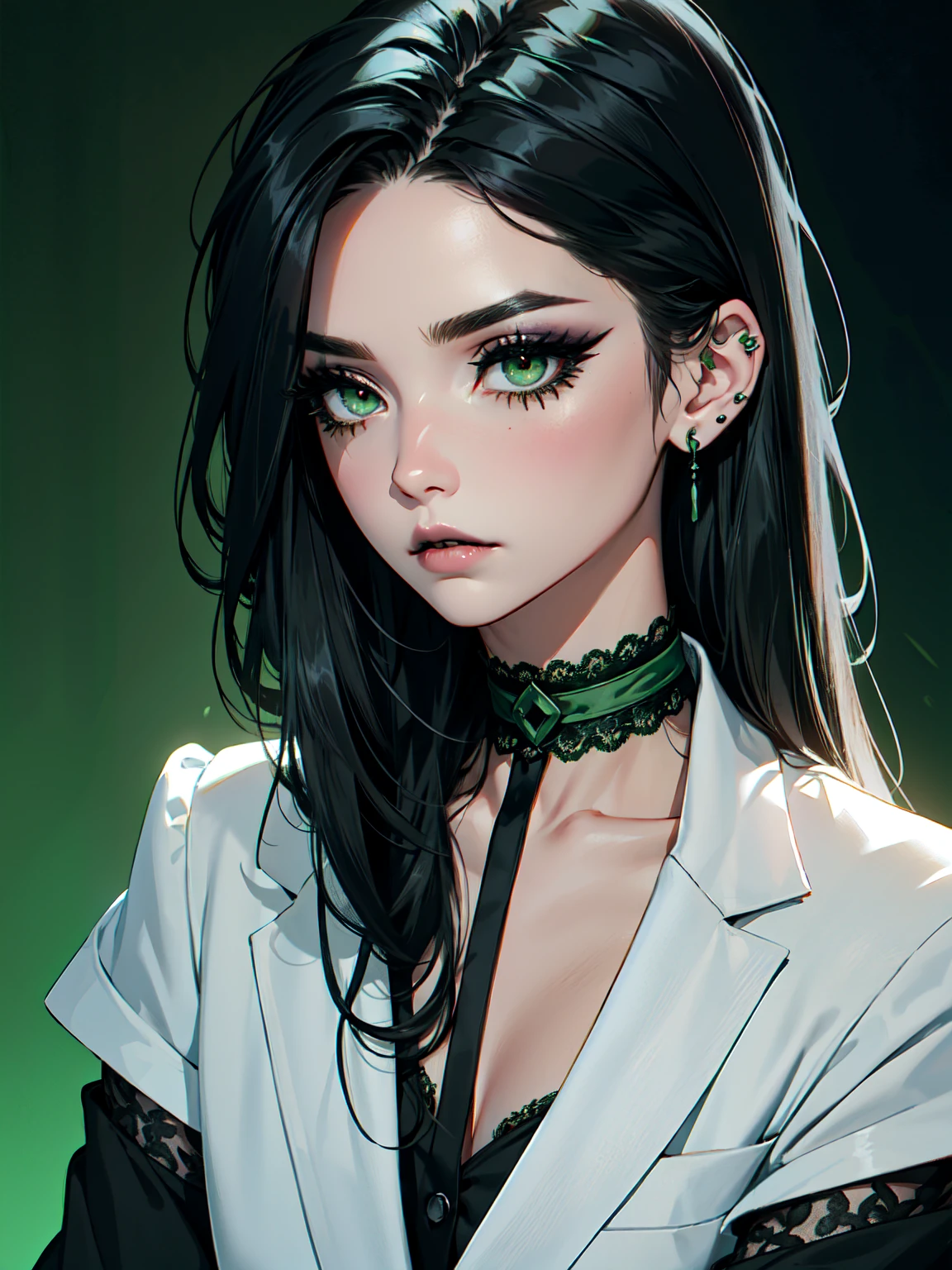 emo_hairstyle, ((tight black suit)), (black lace blazer), black tie, ((long hair)), ((straight hair)), (((black hair))), side swept bangs, white skin, pale, white, (green eye), tired expression, choker, ((dark makeup, mascara, eyeshadow)), multiple piercings, best quality, 8k, dark laboratory, dim lighting, white shirt, erotic, slytherin
