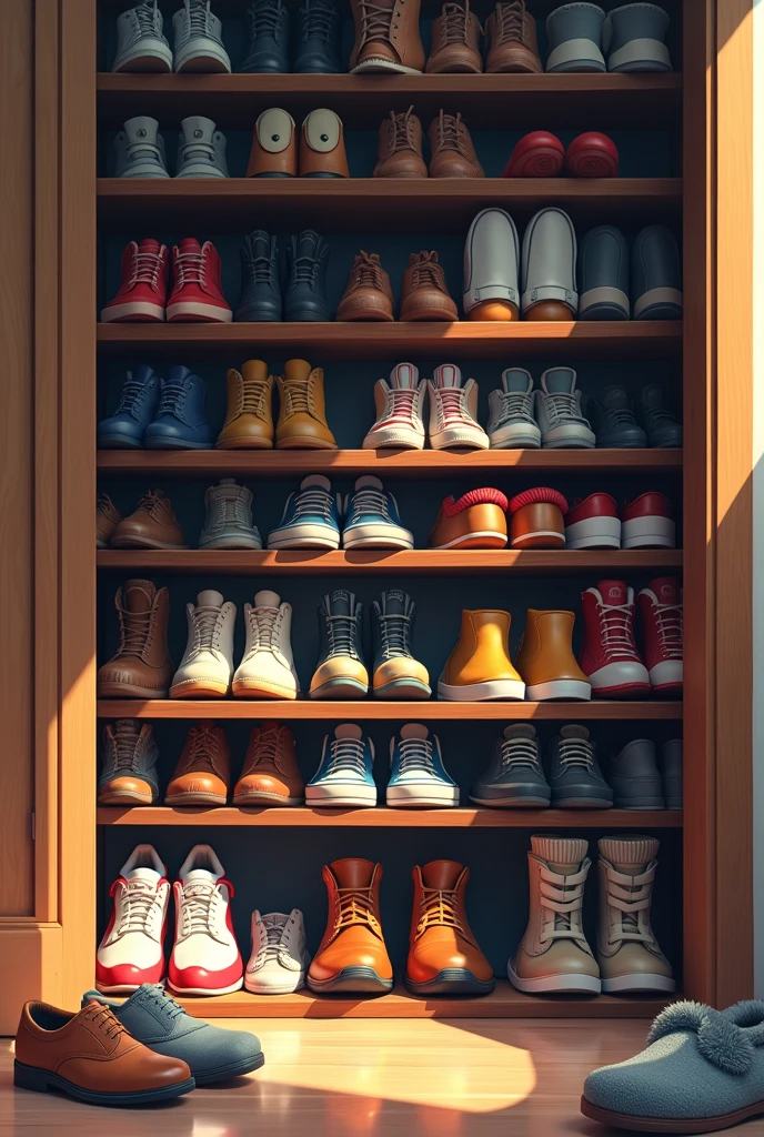 By the door of the house, a shoe rack appears. Various types of men's shoes, women's shoes and children's shoes are arranged on the shelves. There were also some slippers strewn in front of the door. Draw this composition from a close-up with an emphasis on interwoven forms and space.
