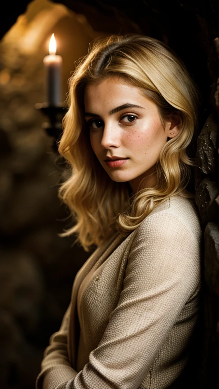 photograph of a woman, (elegant facial expression), textured skin, goosebumps, blonde afro hair, beige colour scheme South Indian attire, cowboy shot, dark and mysterious cave with unique rock formations and hidden wonders, perfect eyes, (candlelight,chiaroscuro), Porta 160 color, shot on ARRI ALEXA 65, bokeh, sharp focus on subject, shot by Don McCullin