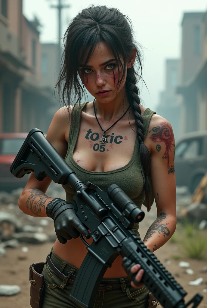 A toxic wounded girl who have toxic printed on his chest and 05 on his neck holding m416 gun in infected area . Ensure that tatoo are shown clearly.