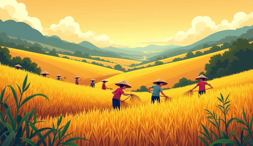 Vietnamese golden rice fields, many people harvesting rice, minimalistic illustration, Meadows, in the style of cartoon-like characters, grainy, kidcore, violet and amber, piratepunk