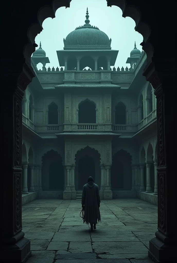 Make a horror thumbnail with haveli in squre 