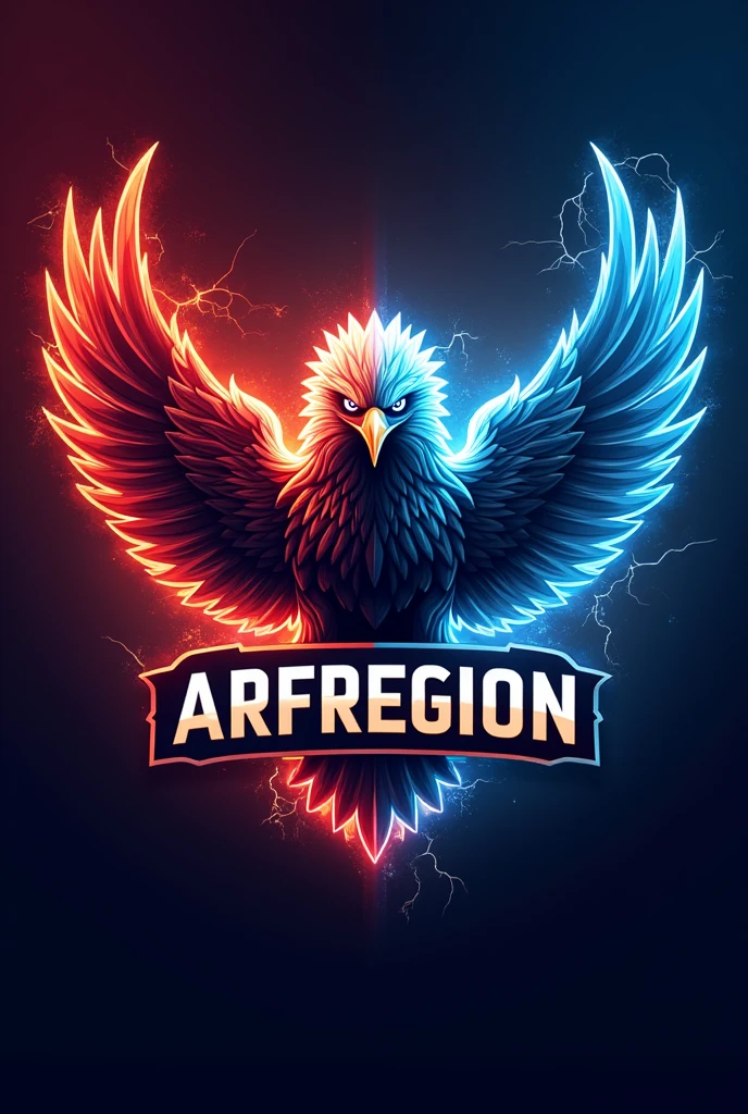 esport logo eagle red blue fire effect and lightning effect with the words ARFREGION