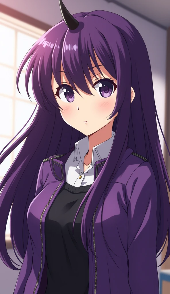 a woman with long purple hair, with a horn protruding from his black forehead and a purple jacket, Hajime Yataté, Misato Katsuragi, seductive anime girl, female anime character, anime girl named lucy, as anime character, anya from the spy family x, best anime girl, Ecchi anime style, visual anime of a cute girl, Mai Yoneyama, attractive anime girl