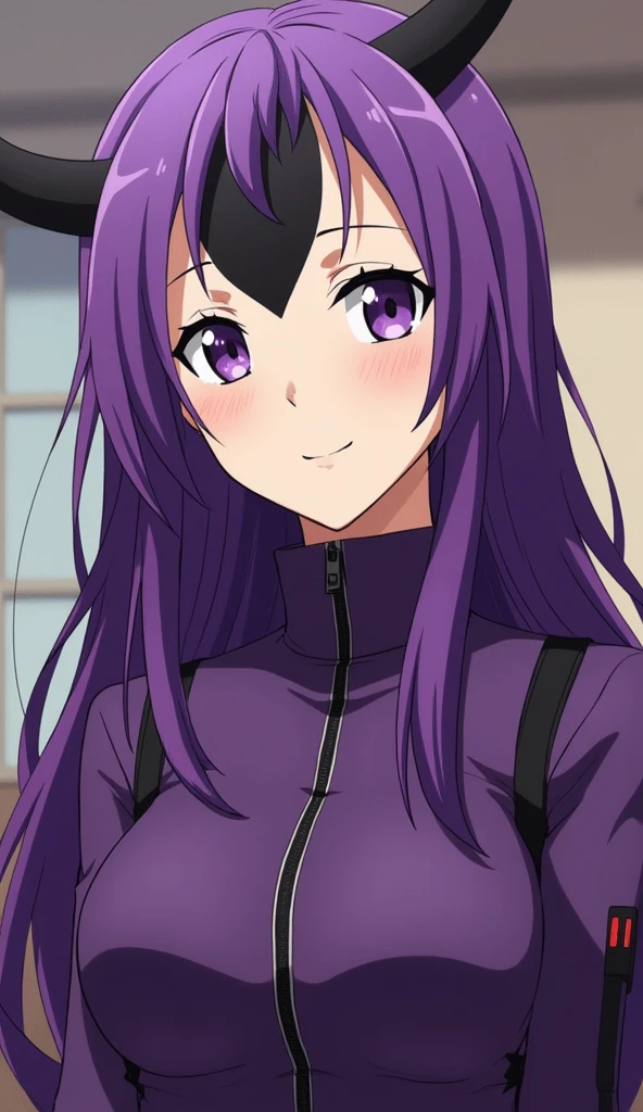 a woman with long purple hair, with a horn protruding from his black forehead and a purple jacket, Hajime Yataté, Misato Katsuragi, seductive anime girl, female anime character, anime girl named lucy, as anime character, anya from the spy family x, best anime girl, Ecchi anime style, visual anime of a cute girl, Mai Yoneyama, attractive anime girl