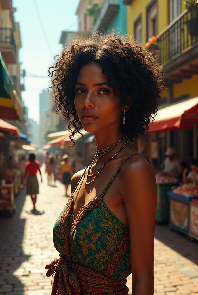 a Brazilian woman standing in a busy city scene. The woman is depicted with intricate shading that highlights her facial features, curly hair, and traditional clothing. The background shows a cityscape with a mix of modern buildings and street vendors, sketched with fine lines and attention to urban details. style is realistic with a touch of softness, emphasizing both the woman and her surroundings. The lighting is subtle, with careful use of shadow and highlights to create depth. High-resolution, hyper-detailed