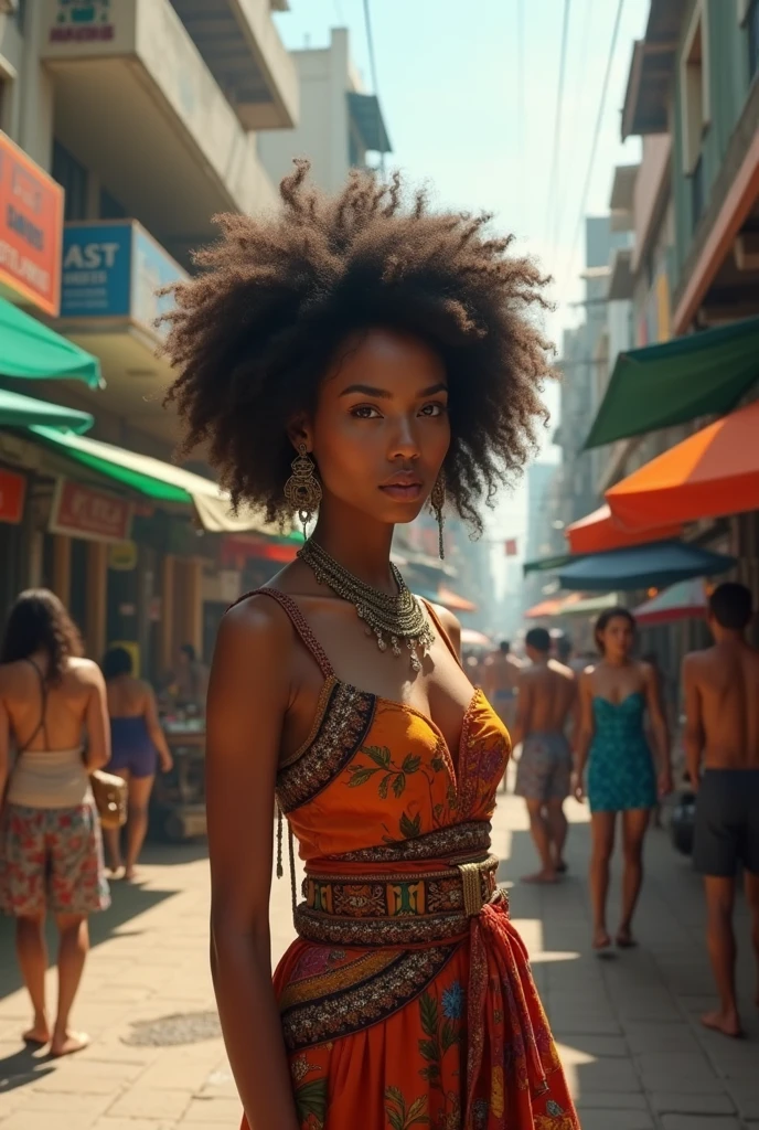 a Brazilian woman standing in a busy city scene. The woman is depicted with intricate shading that highlights her facial features, curly hair, and traditional clothing. The background shows a cityscape with a mix of modern buildings and street vendors, sketched with fine lines and attention to urban details. style is realistic with a touch of softness, emphasizing both the woman and her surroundings. The lighting is subtle, with careful use of shadow and highlights to create depth. High-resolution, hyper-detailed