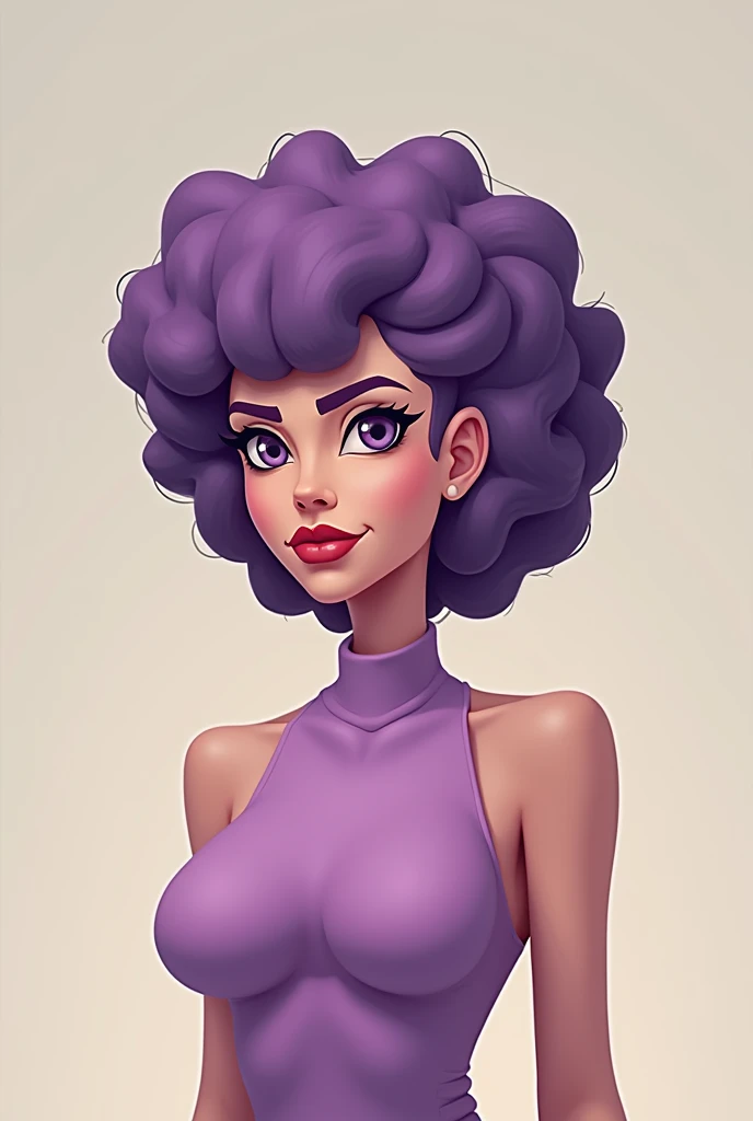 make a woman ugly and square 200% square with purple and curly hair has to be square, rectangular face she is literally square but exaggerated