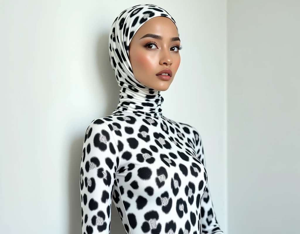 A thinest and beautiful asian muslimah woman wears white leopard print lycra turtleneck unitard catsuit covered with black patterns.She always wear white leopard print seamless lycra hijab