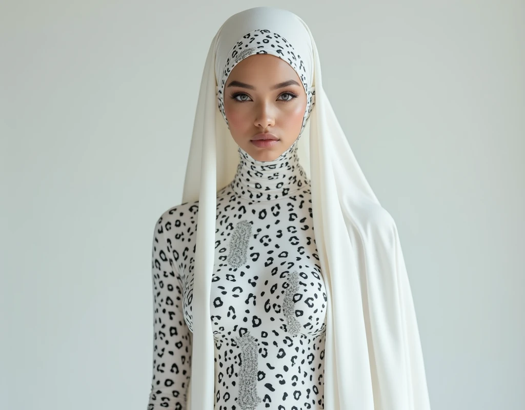 A thinest and beautiful asian muslimah woman wears white leopard print lycra turtleneck unitard catsuit covered with black patterns.She always wear white leopard print seamless lycra hijab