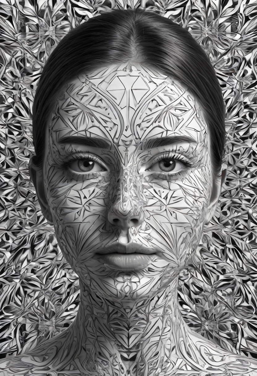 a woman with a black and white pattern on her face, stunning digital art, complicated digital art, 3 d digital art, 3d digital art, complicated digital artwork, Advanced 3D digital art, amazing detailed digital art, digital complicated art, Detailed 3D digital art, amazing digital art, 4k symmetrical portrait, 4k symmetrical portrait
