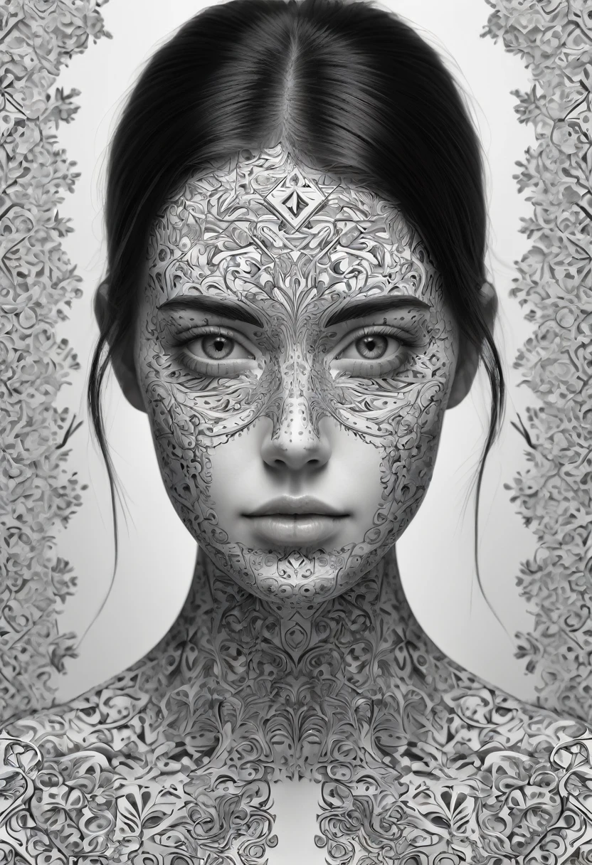 a woman with a black and white pattern on her face, stunning digital art, complicated digital art, 3 d digital art, 3d digital art, complicated digital artwork, Advanced 3D digital art, amazing detailed digital art, digital complicated art, Detailed 3D digital art, amazing digital art, 4k symmetrical portrait, 4k symmetrical portrait
