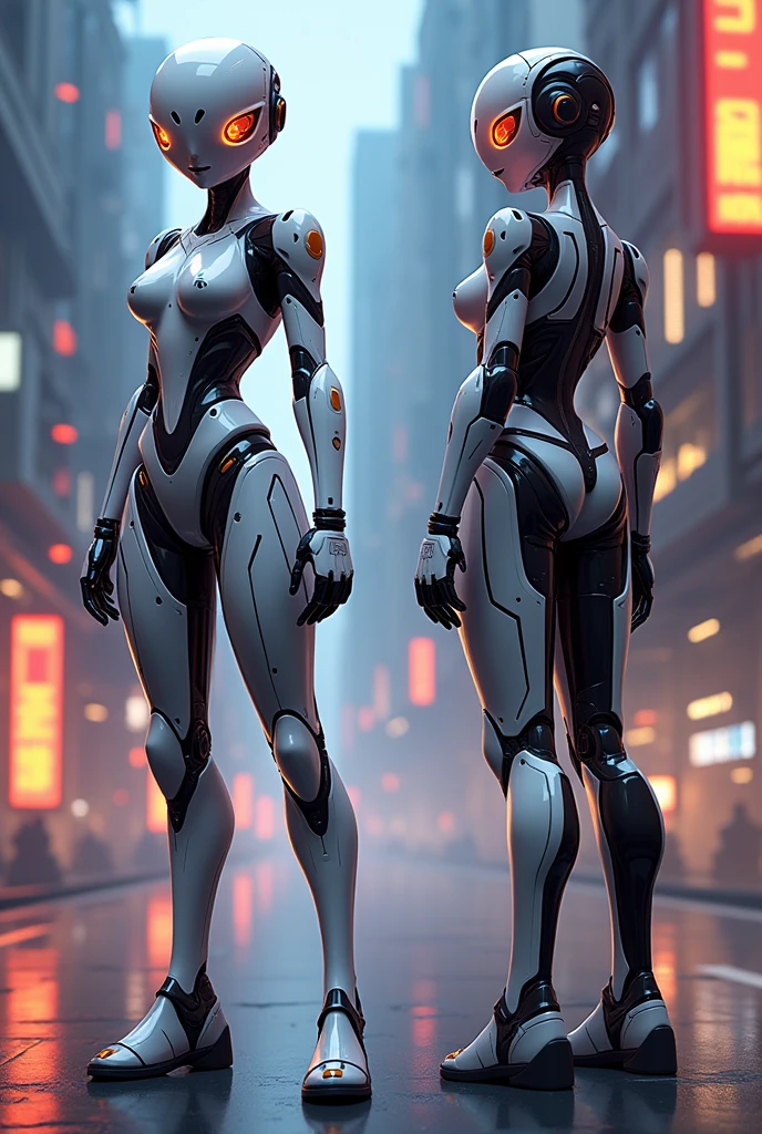 stylized style, Fortnite, valorant style female character concept, full body back and front view, robot detailed face with round eyes