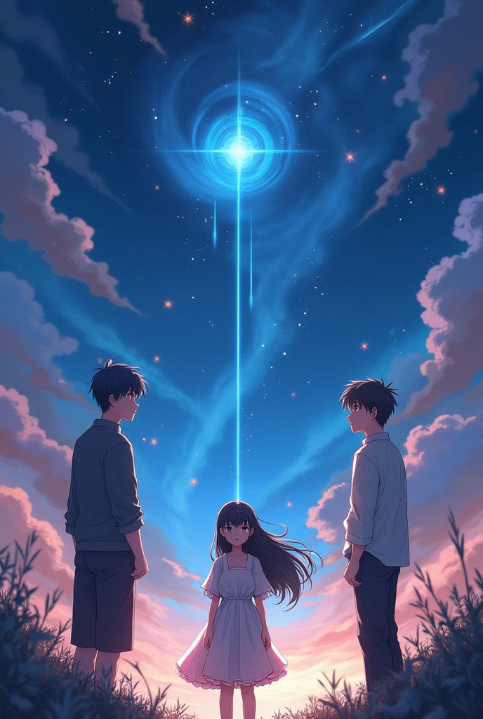 Put some shooting star in Here background of another version of Meteor Garden you can make it like anime it's fine just make it the one you generated before one girl is in the middle so 2 boys in her side and another 2 boys on the other side of her just like before