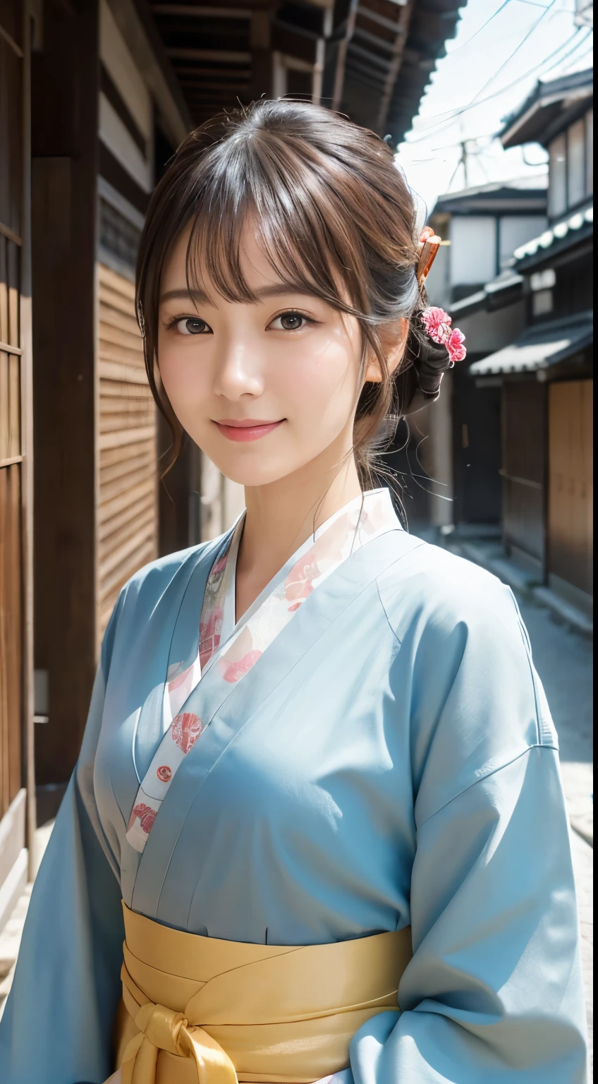 Professional Lighting,(Photorealistic:1.4), (Top image quality:1.0), (超High resolution:1.0), 8k, Raw photography, (masterpiece:0.2), (Facing the children_v1:0.5)、(最高quality Detail:1.2)、Realistic、8k UHD、High resolution、(1 person:1.2)、超detailedな、High quality textures、複雑なdetailed、detailed、Very detailed CG、High quality shadows、detailed 美しく繊細な顔、Beautiful details and a delicate eye、(Symmetrical eyes:1.2),Written boundary depth、Ray Tracing,1 person, Japanese, (Natural smile:1.4),cute, thin, Portrait of a beautiful Japanese woman in a kimono, Standing elegantly on a street corner in Kyoto. Kimono with vibrant traditional patterns, Hair decorated with elegant and delicate hairpins, Gentle expression. (With the old streets of Kyoto in the background:1.4)、The soft light of a spring afternoon、Adding tranquility to the scene. Rendered in a Realistic style with great attention to detail, High resolutionの画像.Sky Porn, Magic Hour, (Realistic:1.3), finely, quality, (Tabletop:1.2), (Realistic:1.2), (最高quality), (複雑なdetailed), dramatic, Ray Tracing, photograph, +roller