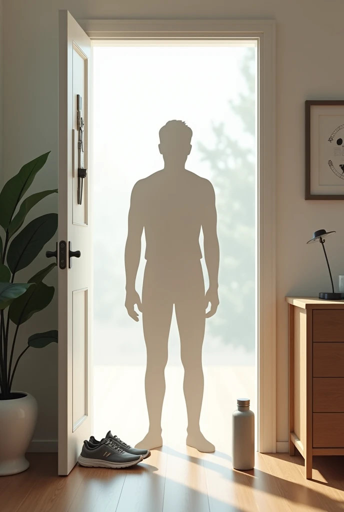 Image 2: A person surrounded by cues that make good habits easier, like running shoes by the door and a water bottle on the desk.