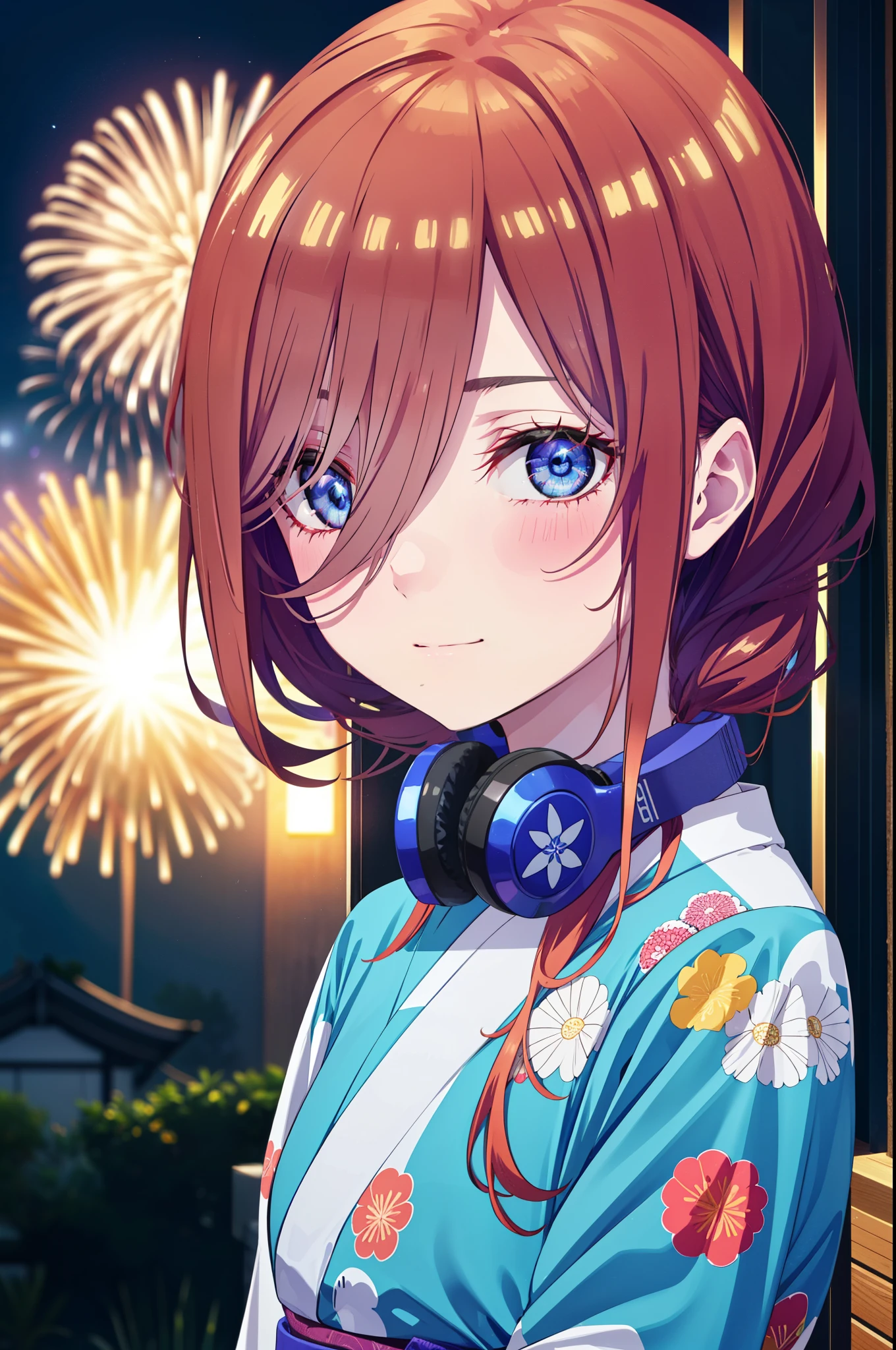 Miku Nakano, miku nakano, Long Hair, bangs, blue eyes, Brown Hair, shirt, Hair between the eyes, Headphones around neck,hair tied back,Flower Hair Ornaments,smile,blush,Blue Kimono,Fireworks in the night sky,Fireworks,The place is a fireworks display,Time is night,sunny day,日本のfestival,夏festivalの屋台,Red lantern,whole bodyがイラストに入るように,
break outdoors, garden,festival,
break looking at viewer, whole body, (Cowboy Shot:1. 5),
break (masterpiece:1.2), Highest quality, High resolution, unity 8k wallpaper, (figure:0.8), (Beautiful attention to detail:1.6), Highly detailed face, Perfect lighting, Highly detailed CG, (Perfect hands, Perfect Anatomy),