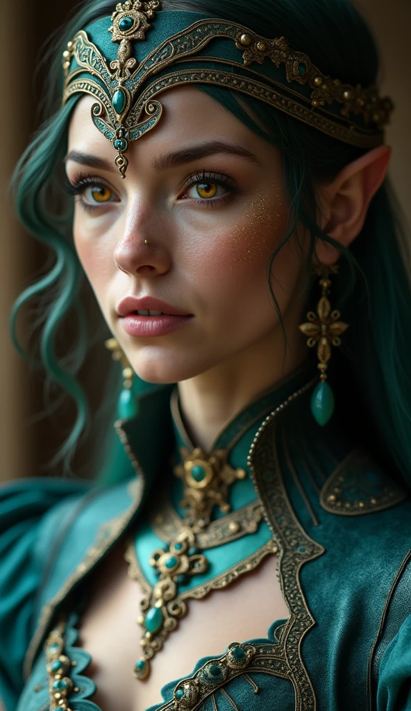 A close-up of a woman with yellow eyes wearing a necklace and a collar, Shot of the body of the cinematic goddess, morrigan, Close-up of the cinematic goddess., cinematic goddess shot, intricate costume, yenfer, peacock wizard themed clothing, scales on her chest, beautiful dark elf countess, Dragon Age Inquisition, triss marigold, fantasy costume