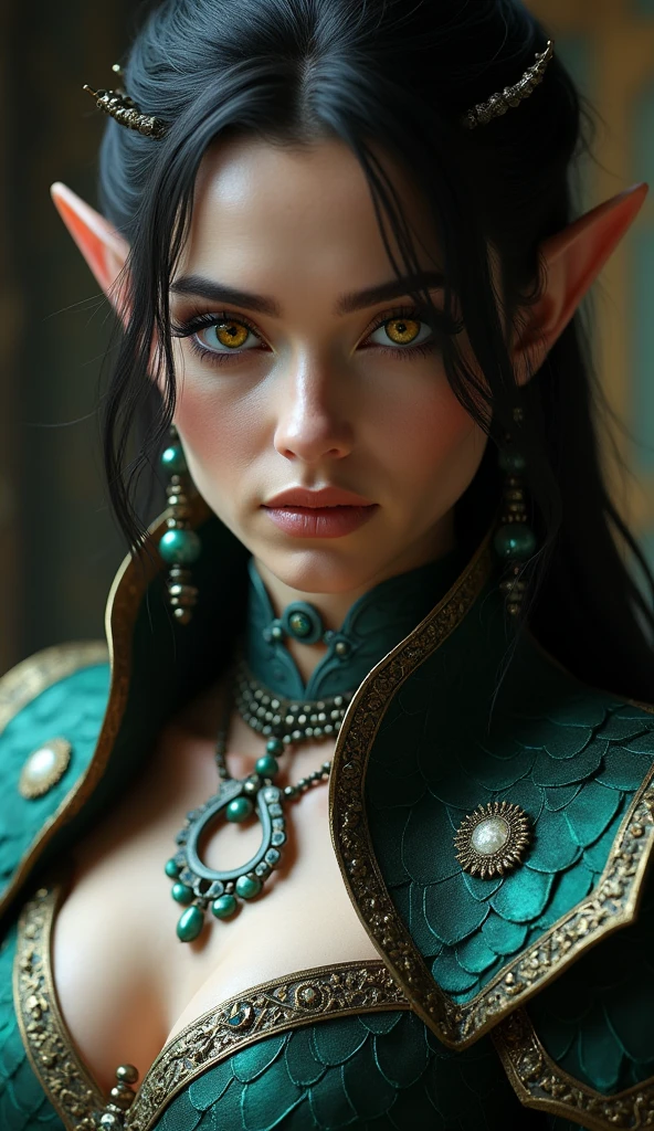 A close-up of a woman with yellow eyes wearing a necklace and a collar, Shot of the body of the cinematic goddess, morrigan, Close-up of the cinematic goddess., cinematic goddess shot, intricate costume, yenfer, peacock wizard themed clothing, scales on her chest, beautiful dark elf countess, Dragon Age Inquisition, triss marigold, fantasy costume