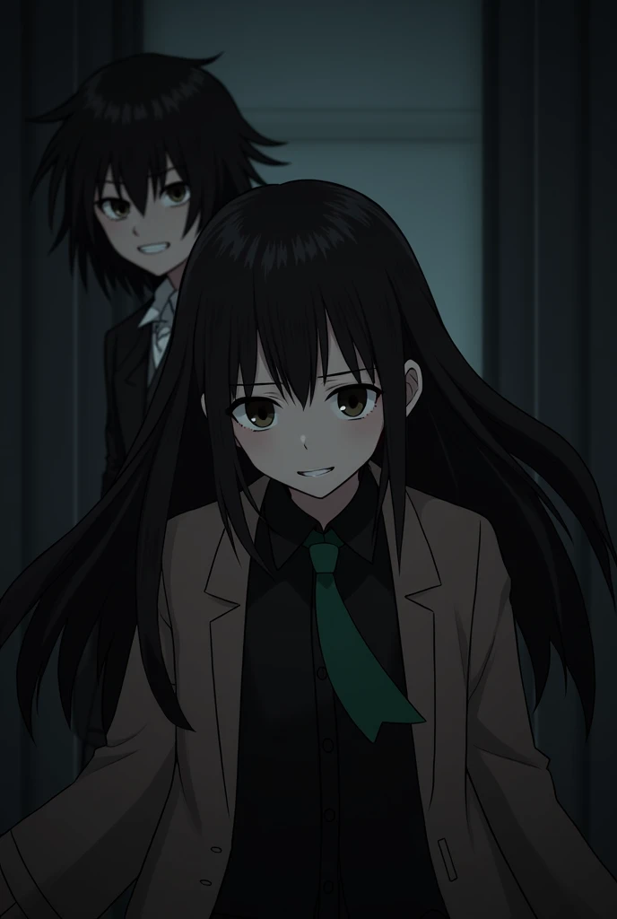 1 boy in the background with long black hair and a black shirt with an evil smile, and in the foreground a girl with long black hair with a black shirt and green tie, and a long brown coat