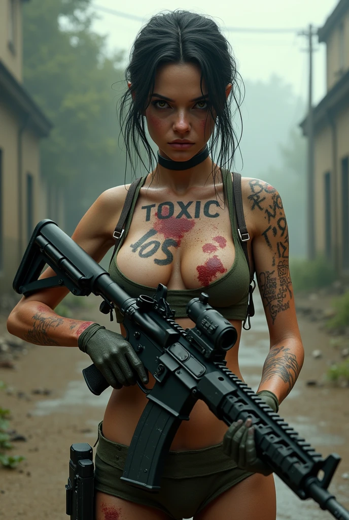 A Realistic toxic wounded girl who have toxic printed on his chest and 05 on his neck holding m416 gun in infected area . Ensure that tatoo are shown clearly.
