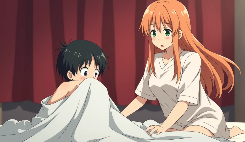  image is from an anime, depicting a humorous or awkward situation. It shows a 6  boy with short black hair, hand on face, sitting on a bed while looking at a young woman with long orange-brown hair. The woman, who appears surprised or annoyed, is wearing a night clothes , while the boy looks startled and is partially uncovered by a bed sheet. The background features red curtains, giving the scene an intimate or tense setting. The overall style is comedic and fits the trope of awkward encounters often found in romantic or slice-of-life anime.