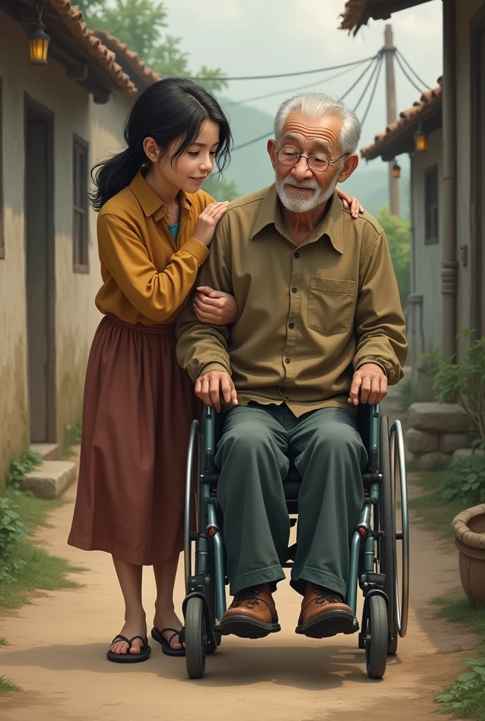 A poor girl helping her handicap father to.walk