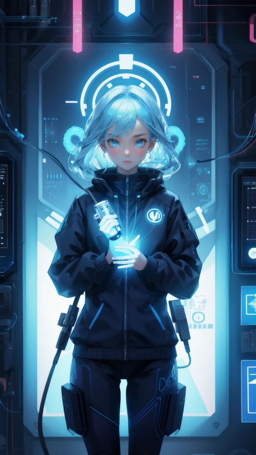 Create an image set in a high-tech, blue-themed environment, replacing the large octopus-like figure in a suit with a cute girl who exudes a sense of control and mastery. The girl should have an intense, focused expression as she uses her hands to control puppet-like figures, each connected by strings. The scene should feature a detailed background filled with screens displaying data, charts, and digital symbols, capturing the theme of centralized control in a modern, technological world. The atmosphere should blend power, precision, and the intricate nature of manipulation within a digital landscape