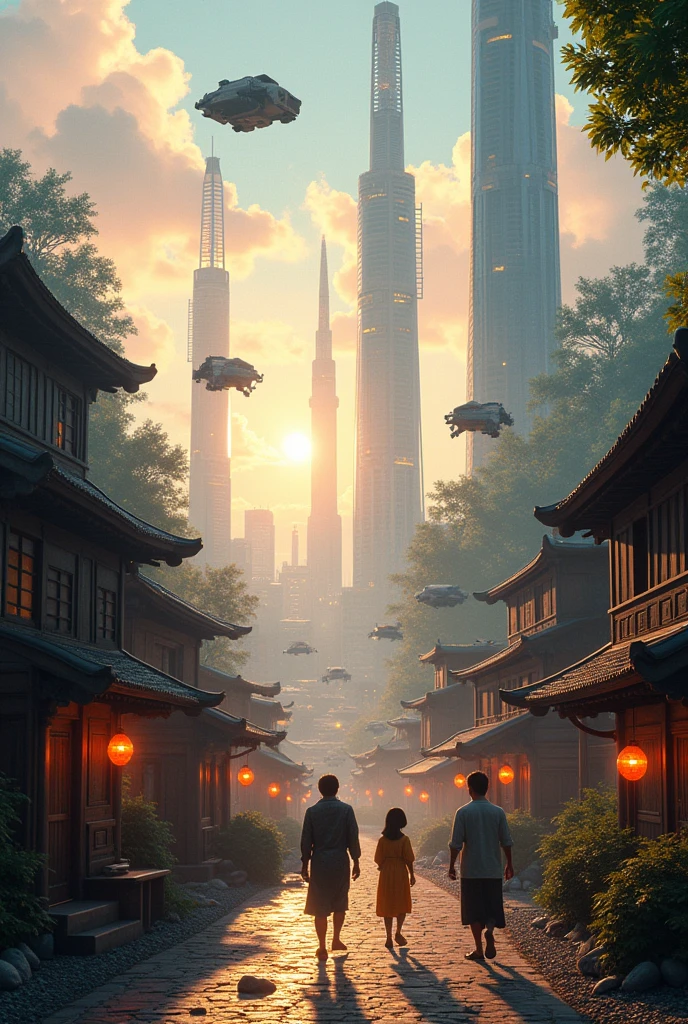 "A futuristic cityscape blending harmoniously within a traditional village setting. Advanced skyscrapers with neon lights rise alongside rustic wooden homes, while flying vehicles hover above cobblestone streets. The scene is bathed in a soft golden glow from the setting sun, casting long shadows of both futuristic and traditional elements. Villagers in simple attire interact with robots, merging tradition with innovation in this serene yet dynamic environment."Camera Settings: "Captured with a Sony Alpha 7R IV, 24-70mm lens at 35mm, ISO 100 for sharpness, f/8 for balanced depth of field, and a shutter speed of 1/100s to freeze the mix of motion and stillness, ensuring every detail, from the glowing neon lights to the rustic textures, is perfectly preserved."