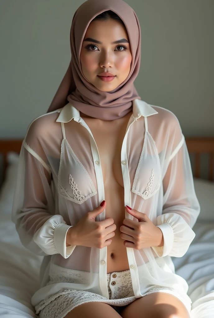 A oman woman, hijab, white skin tone, Pakistani face, transparent, see through night dress, perfect breasts, night time, bed room background
