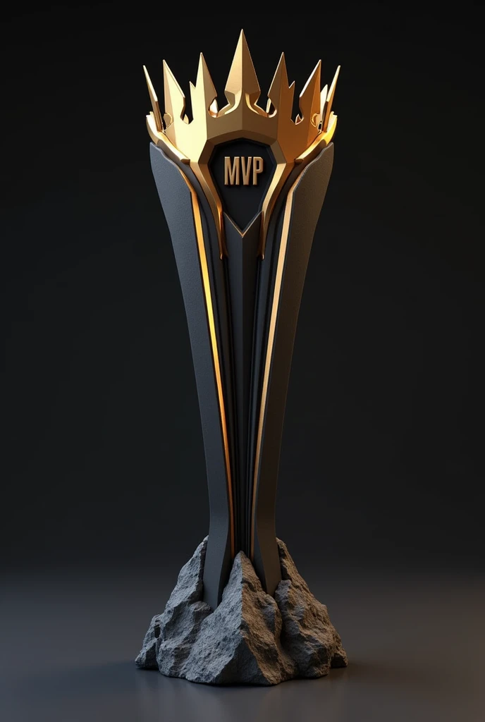 (photorealism:1.2)Style and Design:
Elegant and Futuristic: The trophy has a very stylish design with clean, sharp lines that give it a modern and futuristic look..
Elongated Shape: The structure is tall and thin, which gives it an imposing presence. Vertical and angular lines accentuate this feeling of height..
Colors and materials:
black and gold: The trophy combines dark colors, negro, with details in a matte gold tone. This creates a strong and elegant visual contrast..
Surface : The finish appears to be matte, which suggests that the trophy is made with a 3D printer,
Visual Elements:
upper part : En la upper part del trofeo, There is a crown fused between that of a king and a queen. With a ray that seems to emanate from the center, giving you a feeling of energy and power, as well as elegance Conical base and rock shape : The base is conical, high and spectacular rock shape. providing stability to the design.
It is designed in a way that it flows into the body of the trophy without interruptions.. with great height Text:
"TITAN'S LEGACY" ("mvp") : the text ( mvp) On the trophy rock is written in a clean, raised font style , modern and big, in a golden tone that stands out against the dark base.
made with 3d printer