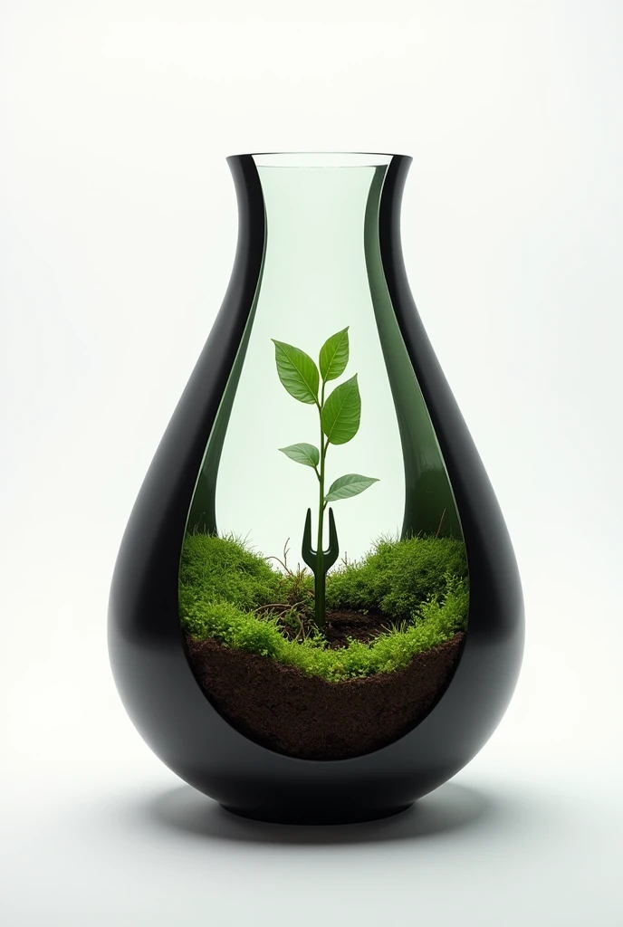 Make an image with real perspective (other than drawings), on a white background, centering a vase (of plants, in the shape of a truncated cone with a similar radius dimension, and in black color) cut in half and with front perspective, in a way that allows you to see inside: land, with a planted bean, and a humidity sensor (It looks like a two-pronged fork) cravado na land.