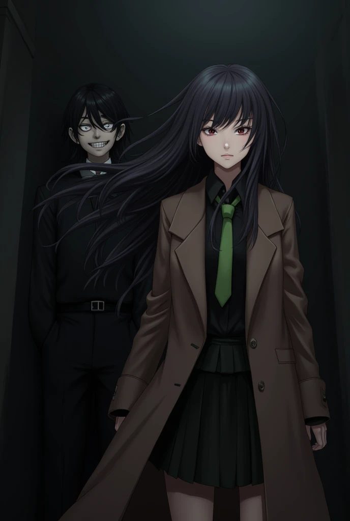 1 boy in the background with long black hair and a black shirt with an evil smile, and in the foreground a girl with long black hair with a black shirt and green tie, and a long brown coat 