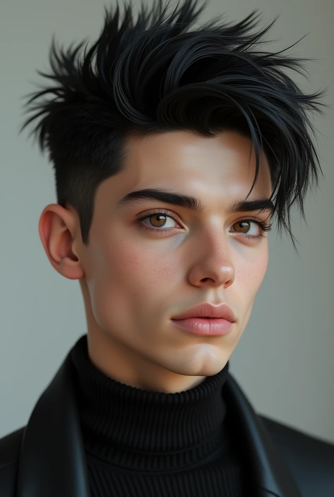 Generate an image of a boy being extremely handsome and charming and having onyx eyes and all black hairs spiking upwards except for only one single lock of hair hanging down his forehead.