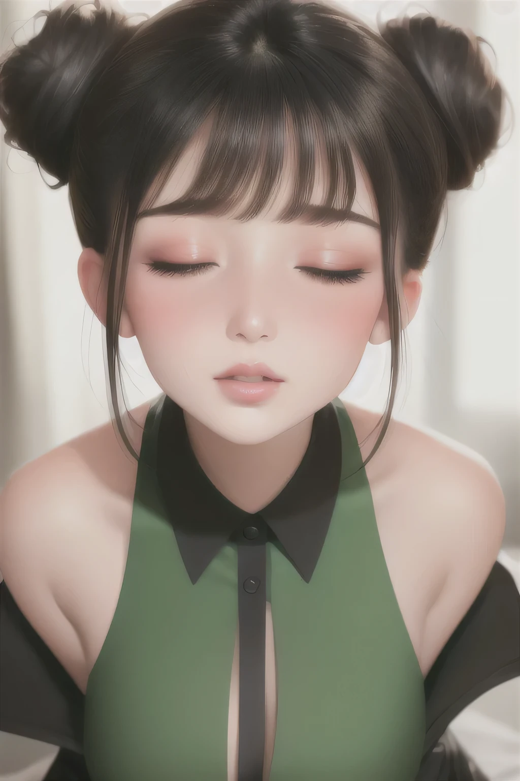 Amazing portrait of a sexy woman with a beautiful face with lustful eyes gazing seductively and parted pink lips smiling as she blushed deeply with her black hair in a bun wearing a green satin shirt that is partially unbuttoned and falling off her shoulders exposing her creamy pale porcelain skin in a very dimly lit bedroom giving off an intimate vibe