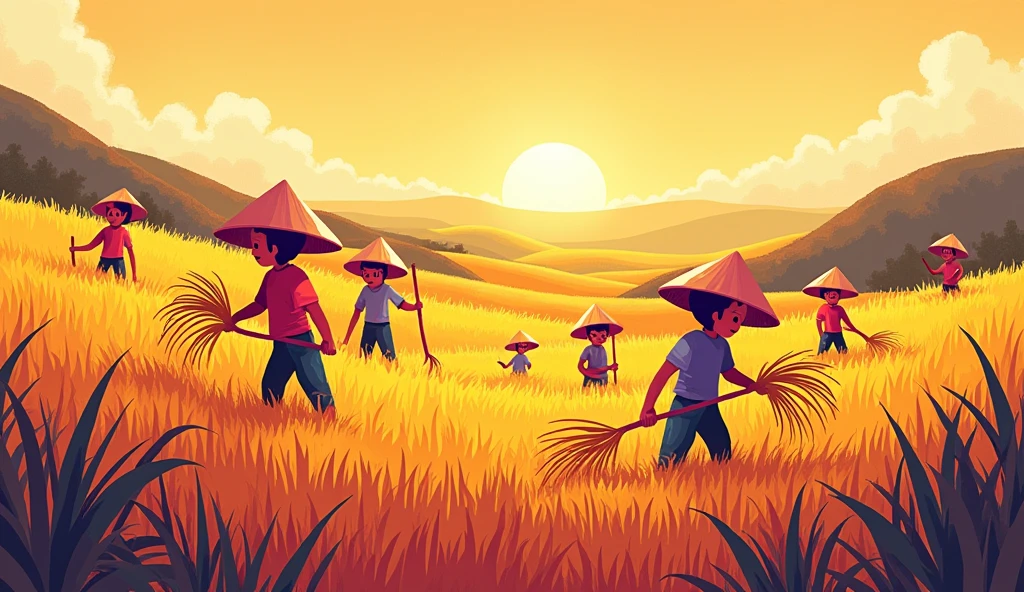 Vietnamese golden rice fields, many people cutting rice, minimalistic illustration, Meadows, in the style of cartoon-like characters, grainy, kidcore, violet and amber, piratepunk