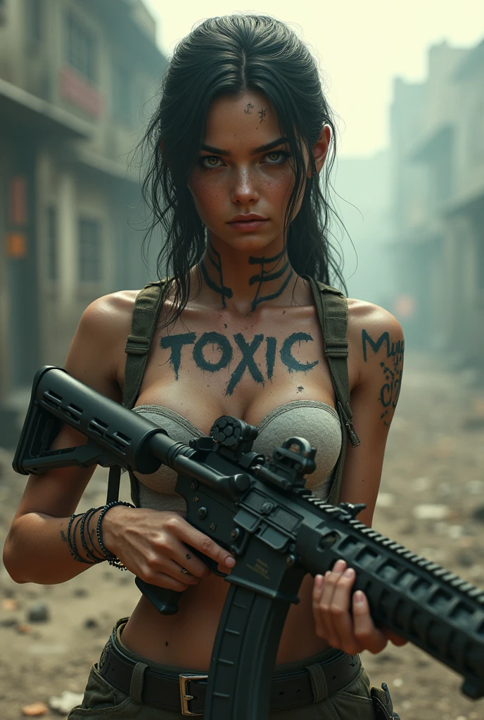 A Realistic toxic wounded girl who have toxic printed on his chest and 05 on his neck holding m416 gun in infected area . Ensure that tatoo are shown clearly.
