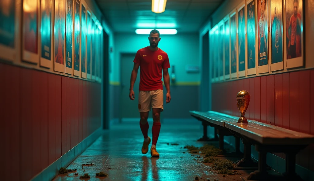 /imagine prompt: Realistic, neon-lit corridor with posters of iconic sports moments on the walls. A 25-year-old soccer player walks alone, his muddy and grassy cleats echoing in the empty space after a victorious match. He enters a deserted locker room, sits on a wooden bench, and places a golden trophy on the floor beside him. His expression is lost in thought as a flashback shows him as a joyful 5-year-old playing in a sunlit village field. The scene contrasts the past and present, creating a poignant atmosphere: Unreal Engine, hyper-realistic —ar 16:9