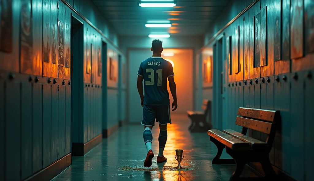 /imagine prompt: Realistic, neon-lit corridor with posters of iconic sports moments on the walls. A 25-year-old soccer player walks alone, his muddy and grassy cleats echoing in the empty space after a victorious match. He enters a deserted locker room, sits on a wooden bench, and places a golden trophy on the floor beside him. His expression is lost in thought as a flashback shows him as a joyful 5-year-old playing in a sunlit village field. The scene contrasts the past and present, creating a poignant atmosphere: Unreal Engine, hyper-realistic —ar 16:9