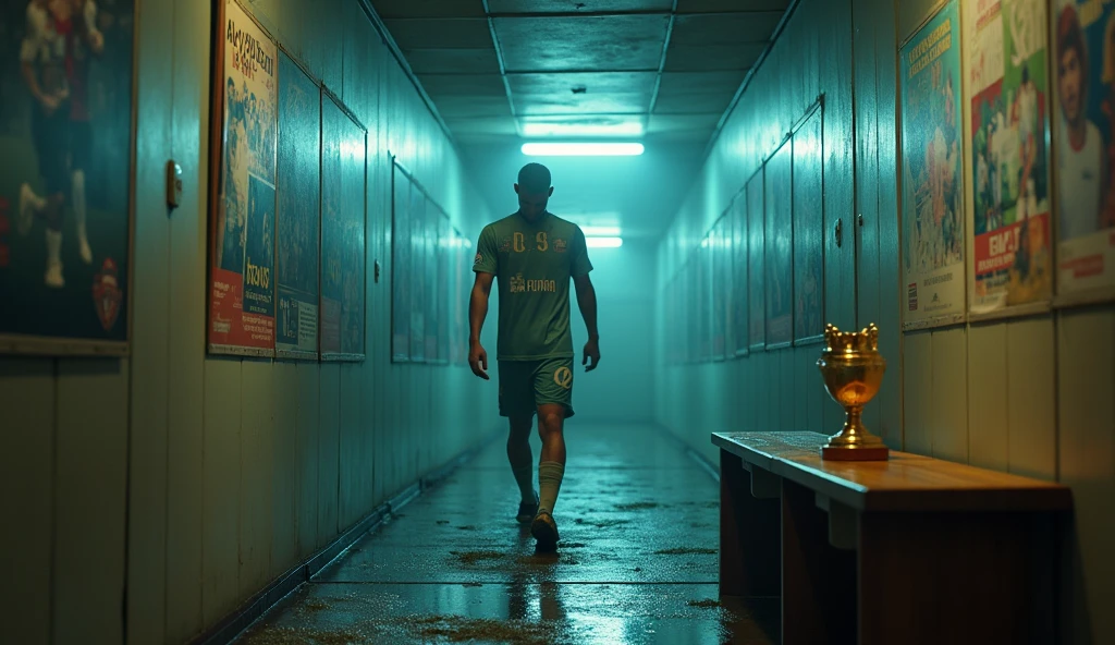 /imagine prompt: Realistic, neon-lit corridor with posters of iconic sports moments on the walls. A 25-year-old soccer player walks alone, his muddy and grassy cleats echoing in the empty space after a victorious match. He enters a deserted locker room, sits on a wooden bench, and places a golden trophy on the floor beside him. His expression is lost in thought as a flashback shows him as a joyful 5-year-old playing in a sunlit village field. The scene contrasts the past and present, creating a poignant atmosphere: Unreal Engine, hyper-realistic —ar 16:9