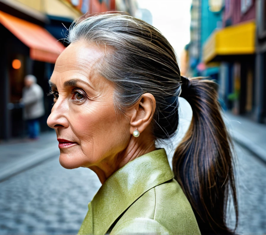 Sleek low ponytail for women over 50, a polished and easy-to-wear style for managing thick hair.

(a 50 years old woman) (masterpiece), medium and long hair, Beautiful Woman, Beautiful face, Realistic, vibrant, everyday color photography, Messy backgrounds, saturated colors, urban life, street portraits, hidden details, Ephemeral moments, moments of real life, HD Quality.