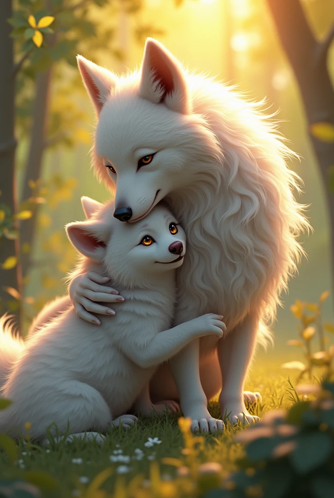 Silver-haired wolf mother and child、happiness、A moving scene