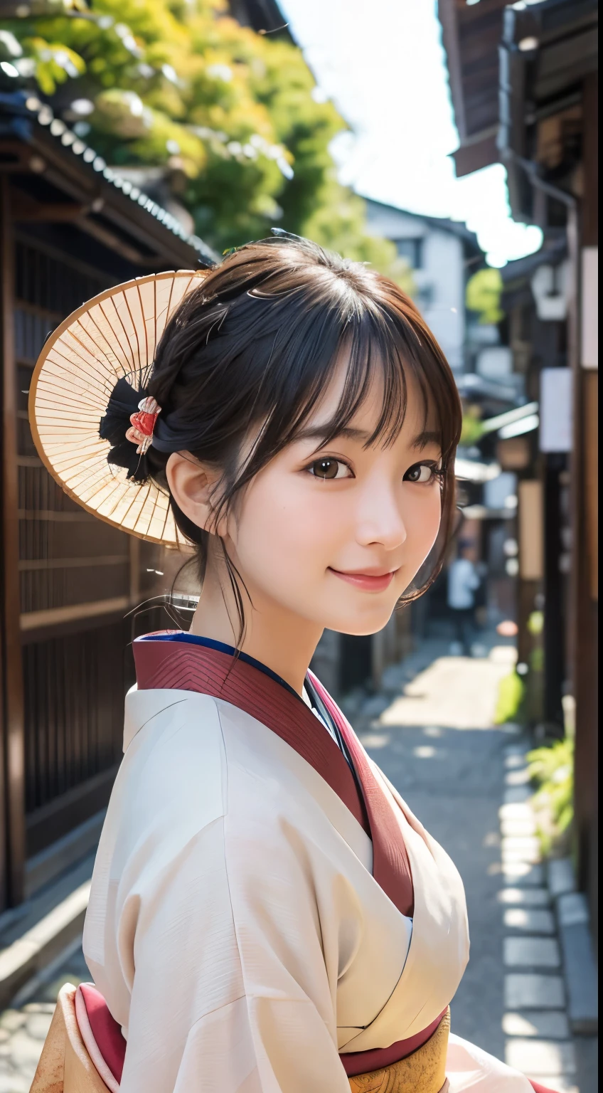 Professional Lighting,(Photorealistic:1.4), (Top image quality:1.0), (超High resolution:1.0), 8k, Raw photography, (masterpiece:0.2), (Facing the children_v1:0.5)、(最高quality Detail:1.2)、Realistic、8k UHD、High resolution、(1 person:1.2)、超detailedな、High quality textures、複雑なdetailed、detailed、Very detailed CG、High quality shadows、detailed 美しく繊細な顔、Beautiful details and a delicate eye、(Symmetrical eyes:1.2),Written boundary depth、Ray Tracing,1 person, Japanese, (Natural smile:1.4),cute, thin, Portrait of a beautiful Japanese woman in a kimono, Standing elegantly on a street corner in Kyoto. Kimono with vibrant traditional patterns, Hair decorated with elegant and delicate hairpins, Gentle expression. (With the old streets of Kyoto in the background:1.4)、The soft light of a spring afternoon、Adding tranquility to the scene. Rendered in a Realistic style with great attention to detail, High resolutionの画像.Sky Porn, Magic Hour, (Realistic:1.3), finely, quality, (Tabletop:1.2), (Realistic:1.2), (最高quality), (複雑なdetailed), dramatic, Ray Tracing, photograph, +roller
