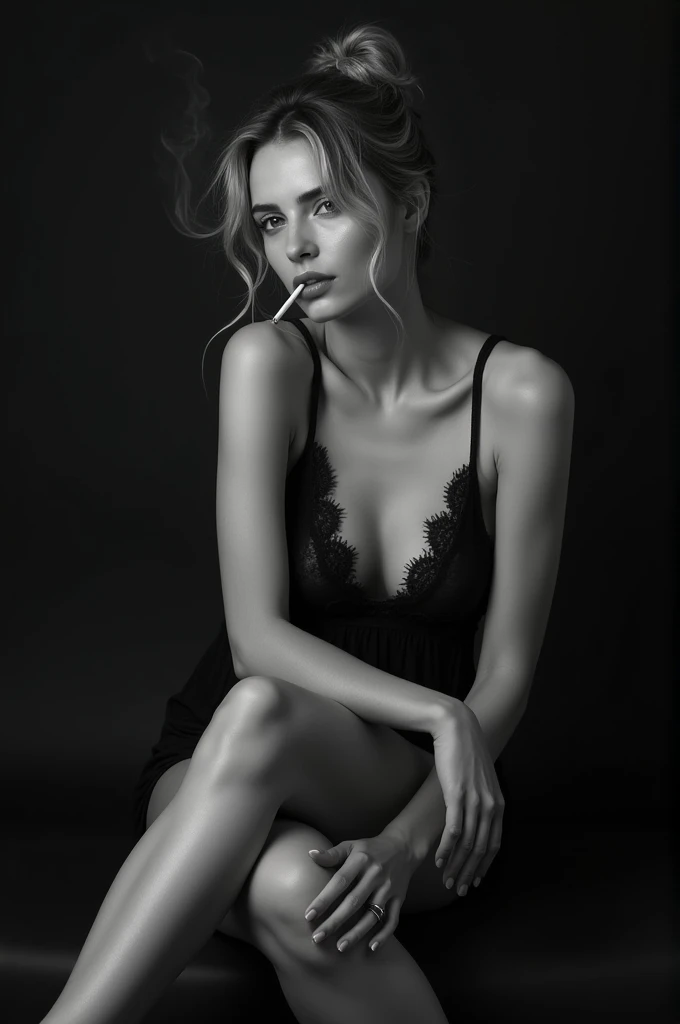 Make a picture of a beautiful woman sitting, the woman is half naked her hair is tied up, he sat with his legs crossed, both hands holding his left leg, His mouth is biting a cigarette. Make a black and white picture