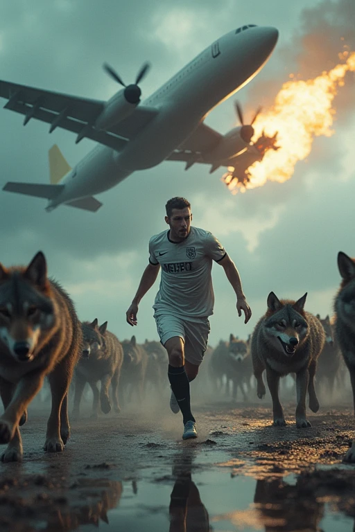 Soccer player in a puddle and being attacked by wolves. While a plane throws fire into the air