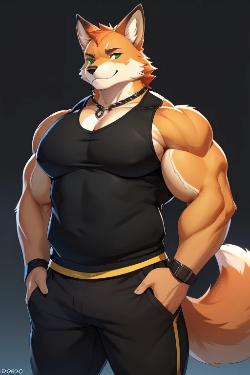 male:1.1, canin, renard :1.1, were , Muscle, Gros muscles, c big pectorals, mature male, hairs, jaune fur color, Green eyes, blissful, gentle, expression tendre, porte un T-shirt noir un pantalon noir, il a un gilet jaune autour de la taille, porte un collier de chien autour du cou,queue renard visible,corps musclé, :1.1, hairs, tout le corps:1.1, by doooo2424, by doooo, on Kusunagi), (best quality:1.2, 4K, 8k, high resolution, head of'artwork:1.2), ultra-detailed, (realistic:1.37, photorealistic:1.37), HDR, uhd, studio d'lighting, Ultra fine paint, acuity, Physics-based rendering, fur color jaune, extremely detailed description, professionnel, couleurs vives, renard-human hybrid queue renard visible, force, pouvoir, bare